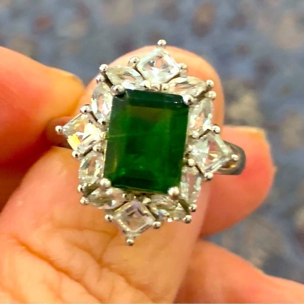 Beautiful Chrome Diopside ring with white Zircon . Size 8 . Rhodium over